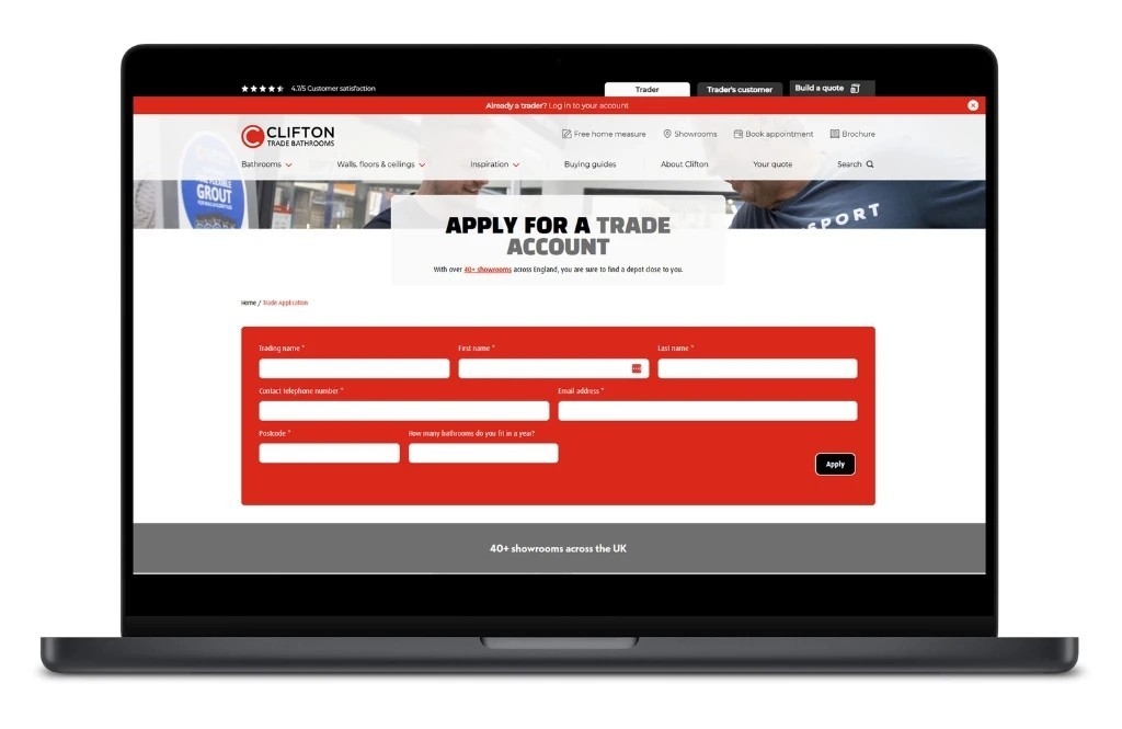 Trade account application form on a laptop